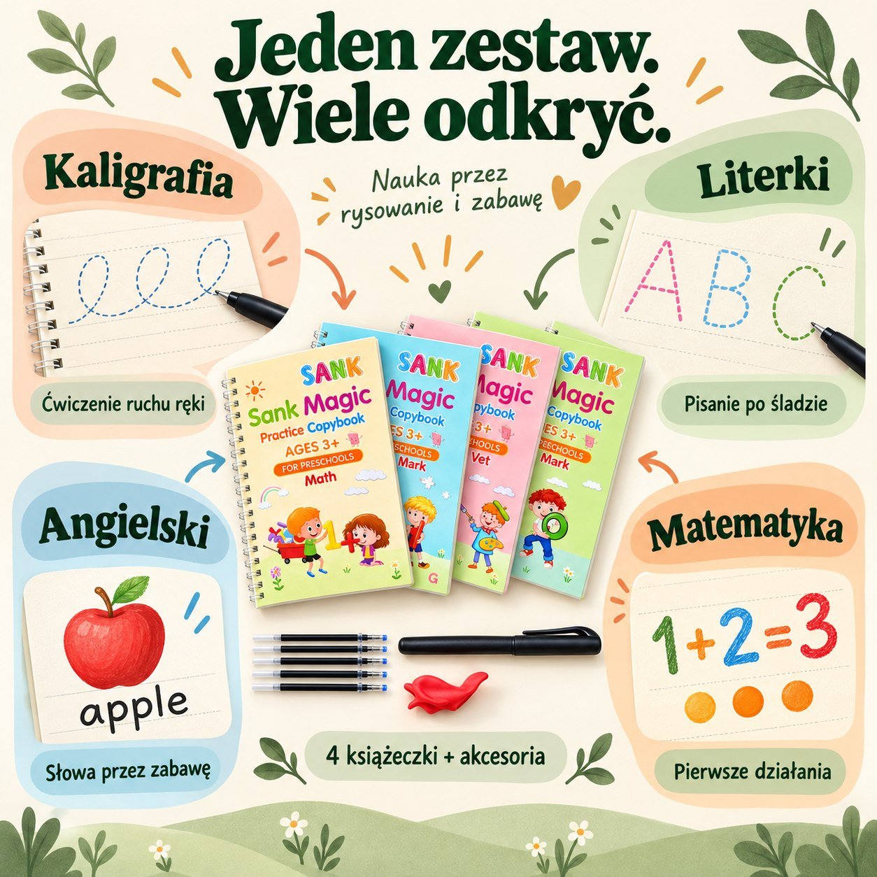 Jeden zestaw, cztery rodzaje ćwiczeń: kaligrafia, literki, angielski i proste działania matematyczne
