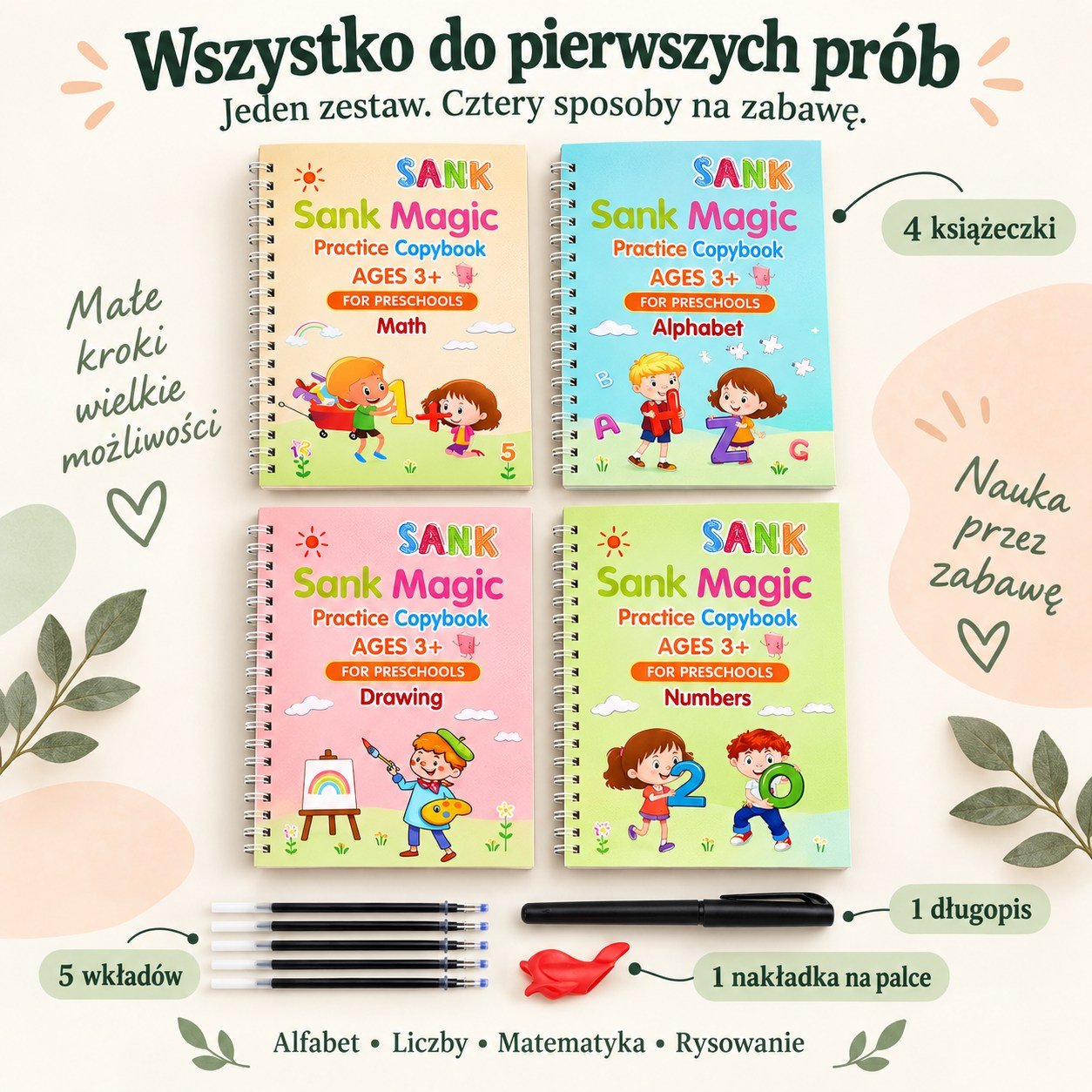 Pełny zestaw: 4 książeczki, 1 długopis, 5 wkładów i 1 nakładka na palce